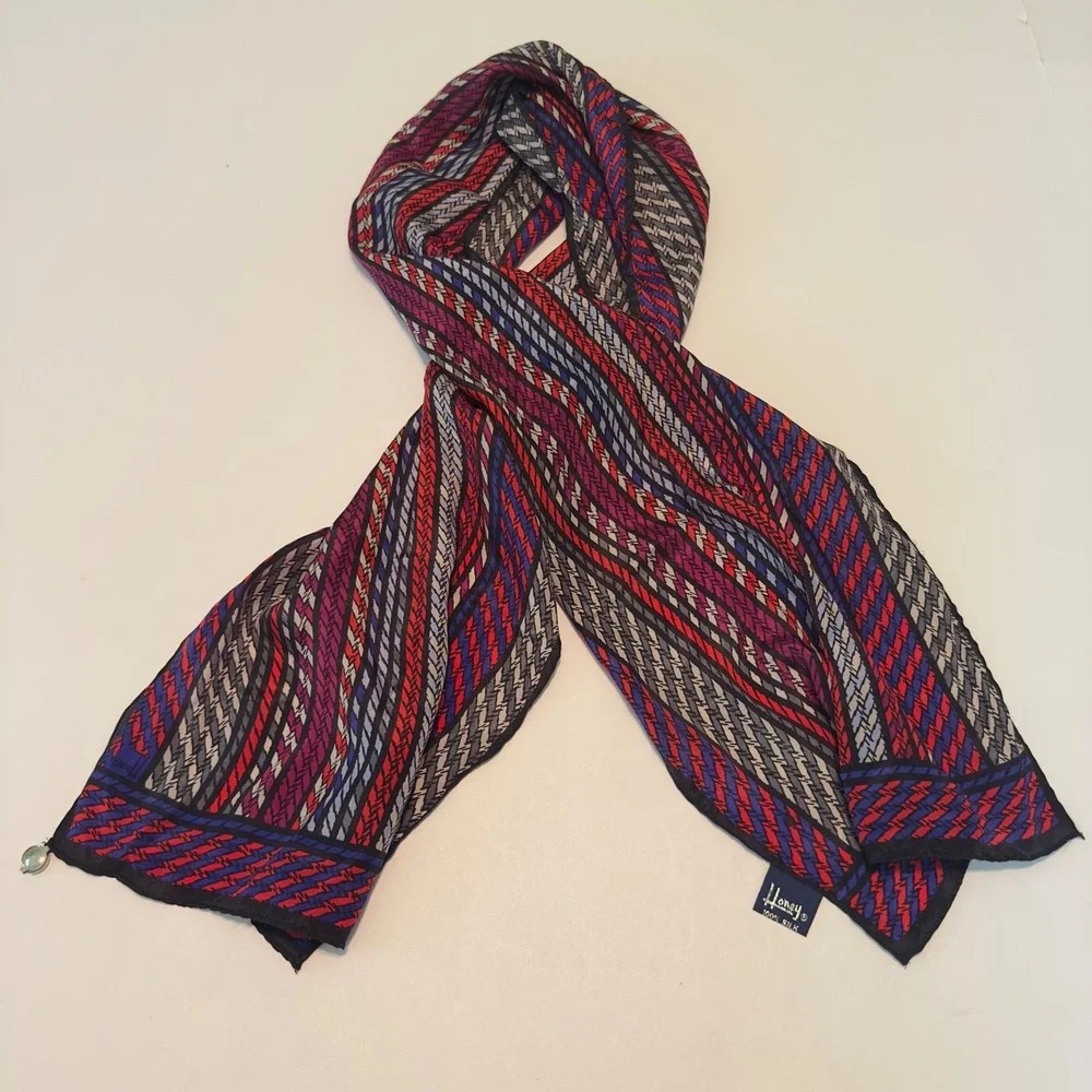 Honey Vintage 100% Silk Scarf Made in Japan Red Blue Chevron Stripe Oblong L 52